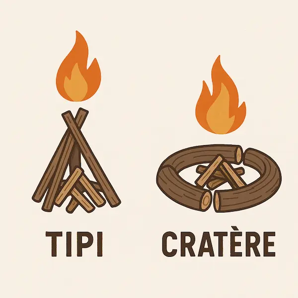 illustration allumage feu de bois tipi et cratere